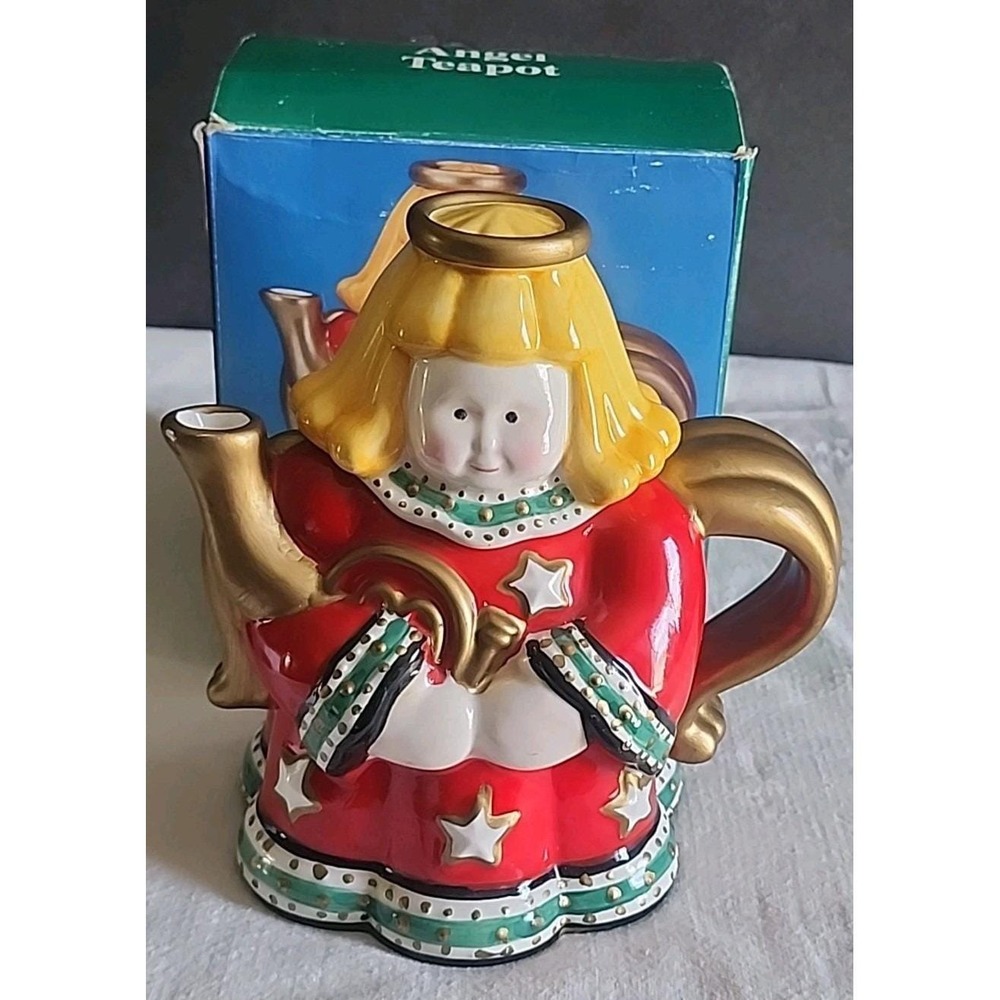 Vintage Christmas Angel Teapot Ceramic Collectible Vintage Red Kmart  In Box